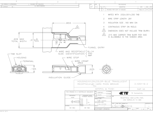 TE Connectivity 3-520116-2  Ultra-Fast 250 Blue Insulated Female Spade Connector Fully Insulated Male and Female Disconnects