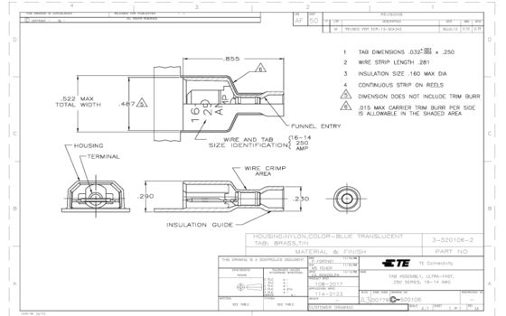 Amp Tyco Te 3-520106-2  Ultra-Fast 250 Quick Disconnects Tab 16 14 AWG Wire Size 1.31 2.08 mm Connector Terminals